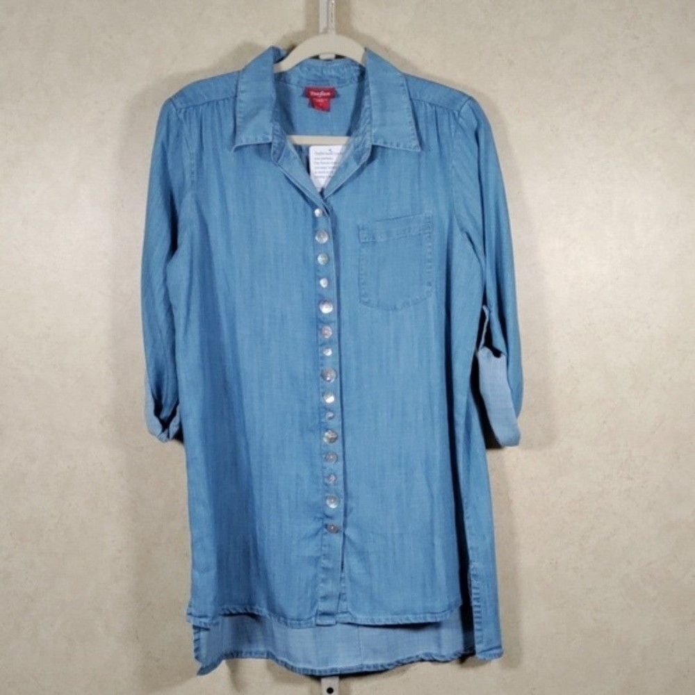 2/$10 04127 Toofan blue chambray button front tabbed sleeve shirt M NWT